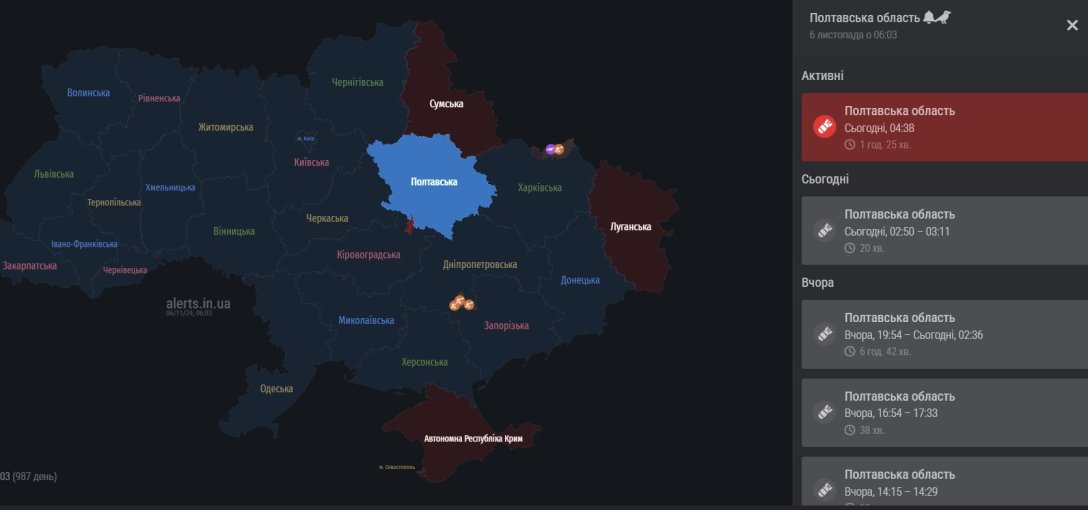 Ночной удар РФ, 6 ноября, карта тревог, Полтавская область