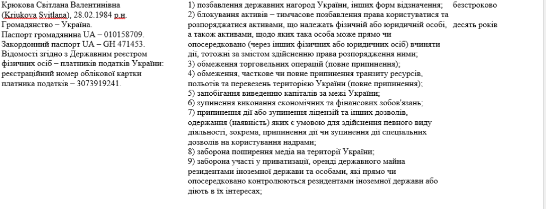 Санкции против Светланы Крюковой